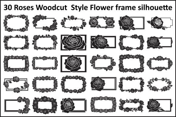 30 Roses Woodcut Style Flower Frame Set: A Versatile Design Resource
