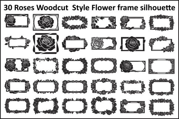 30 Roses Woodcut Style Flower Frame: Timeless Design Elements for Creative Projects