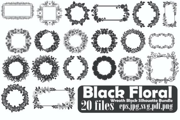 Black Floral Frame Wreath Silhouette Set: Timeless Design Elements for Creative Projects