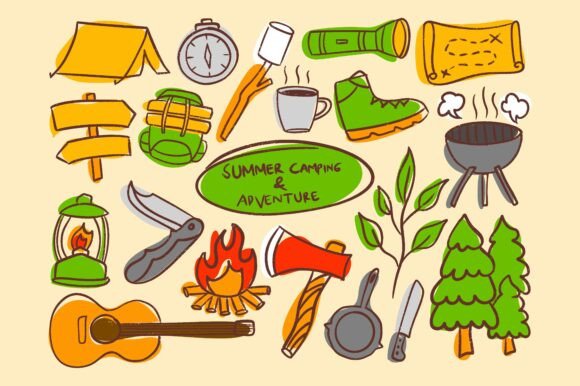 Colorful Set Hand Drawn Camping Elements: A Designer’s Toolkit for Outdoor Creativity
