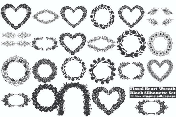 Floral Heart Wreath Black Silhouette Set: A Timeless Design Resource for Modern Creatives