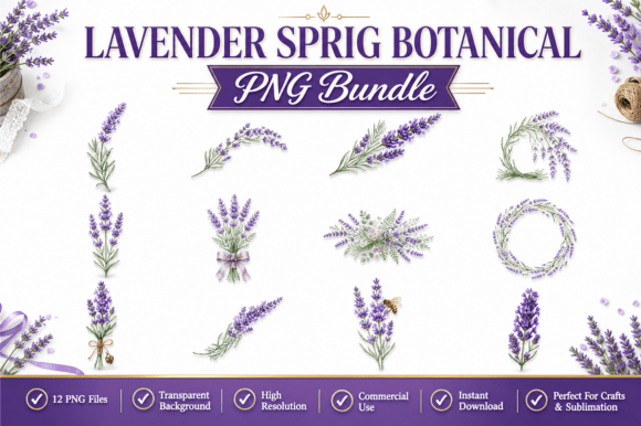Lavender Sprig Botanical Clipart PNG