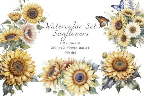 Sunflower Watercolor Print Set for Creative Projects
